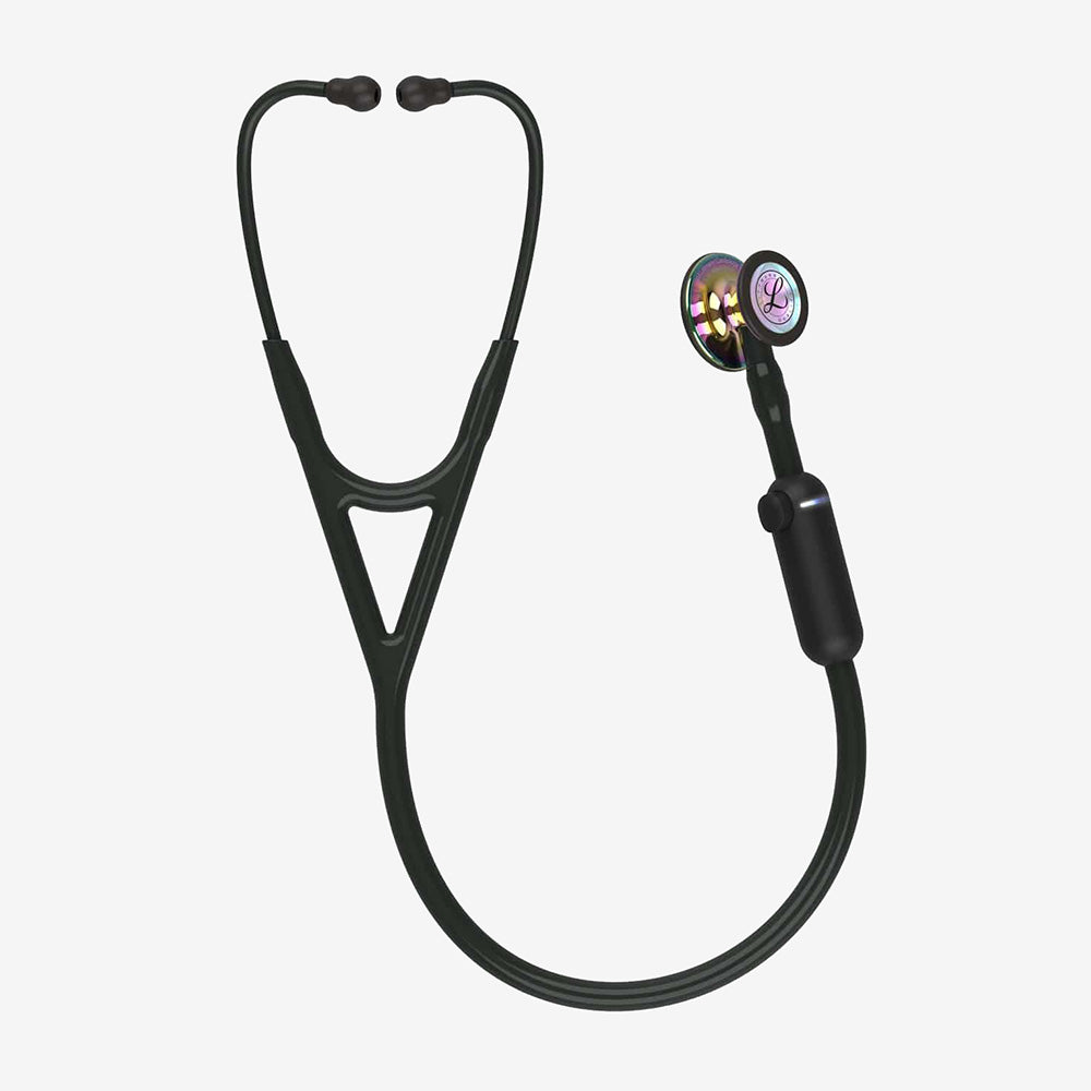 Stetoskooppi Littmann CORE digitaalinen musta, peilikirkas sateenkaarenvärinen rintakappale ja mustat kuulokeputket