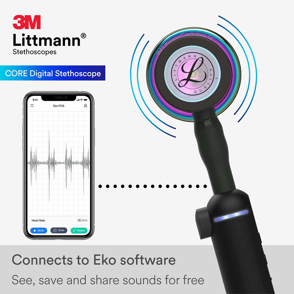 Stetoskooppi Littmann CORE digitaalinen musta, peilikirkas sateenkaarenvärinen rintakappale ja mustat kuulokeputket