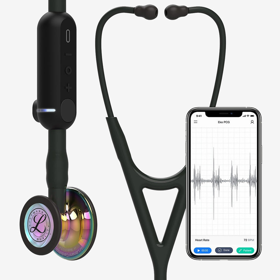 Stetoskooppi Littmann CORE digitaalinen musta, peilikirkas sateenkaarenvärinen rintakappale ja mustat kuulokeputket